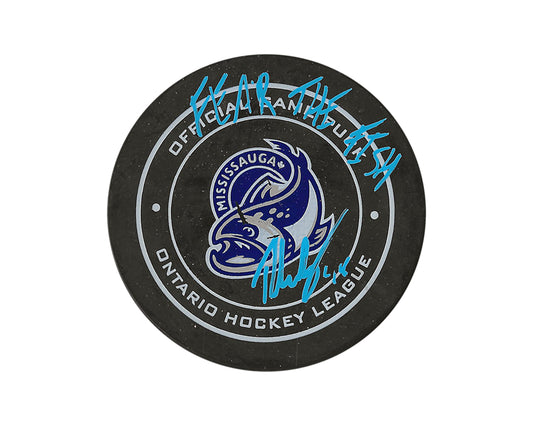 Thomas Harley Autographed Mississauga Steelheads Official Game Puck Inscribed "Fear The Fish"