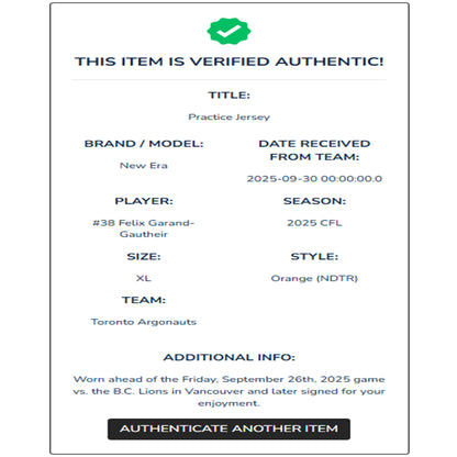 Felix Garand-Gauthier Autographed & Player-Worn Toronto Argonauts Orange Jersey