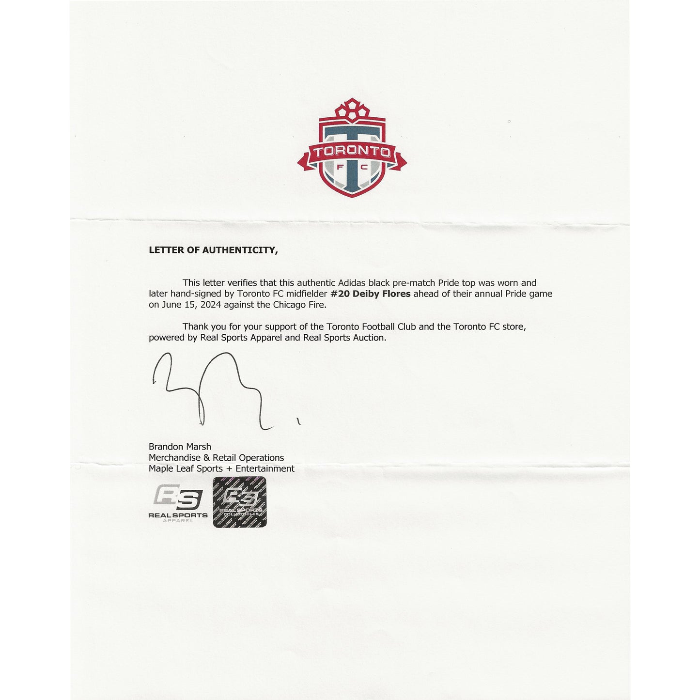 Deiby Flores Autographed & Player-Worn 2024 Toronto FC Adidas Pride Jersey