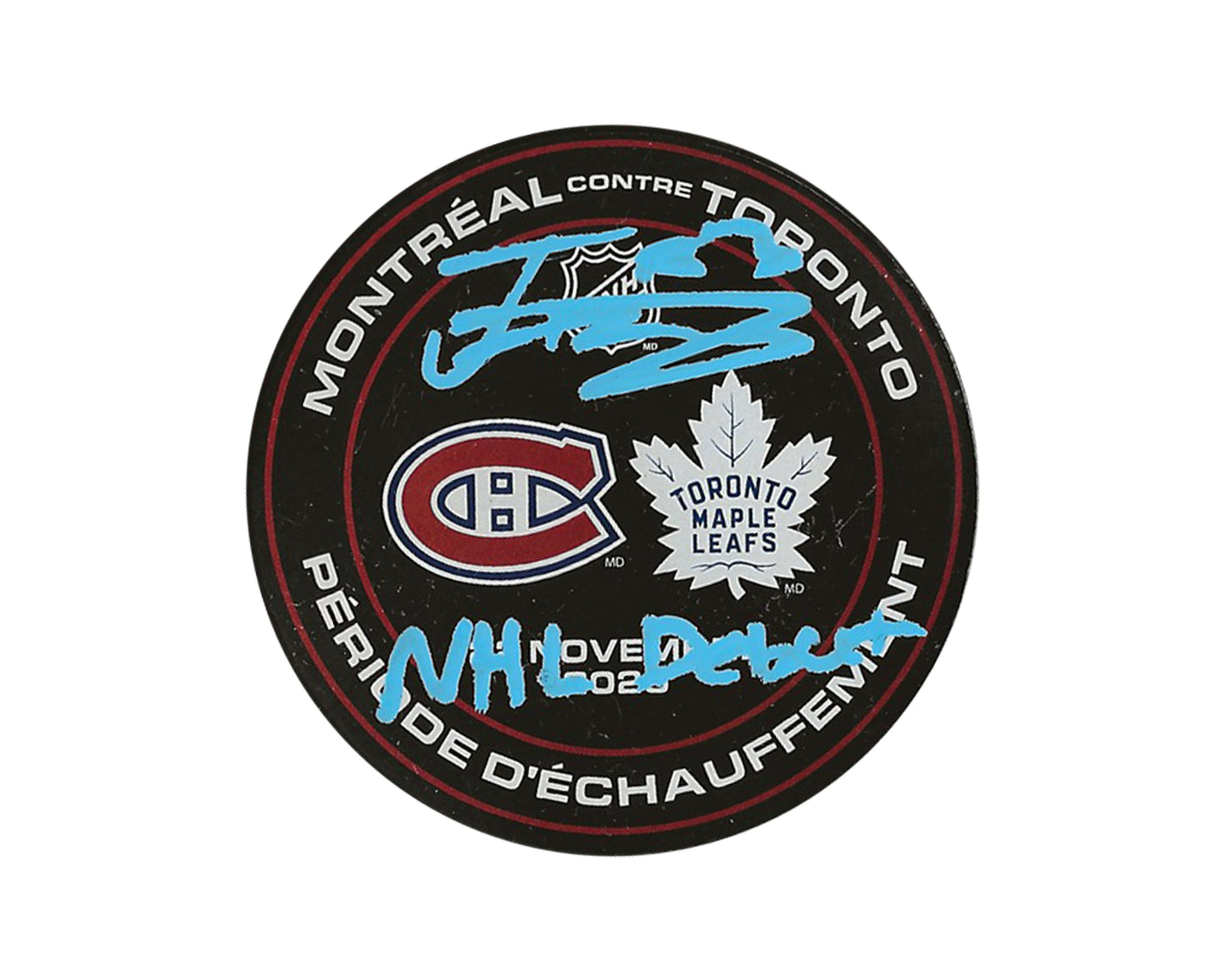 Florian Xhekaj Autographed Toronto Vs Montreal Match Day Puck Inscribed "NHL Debut"