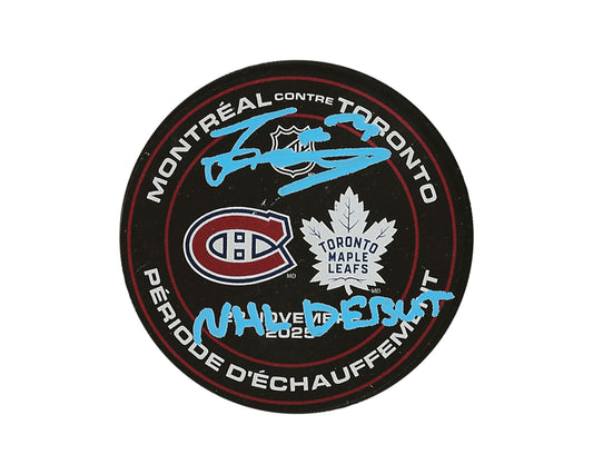 Florian Xhekaj Autographed Toronto Vs Montreal Warm-Up Used Puck Inscribed "NHL Debut"