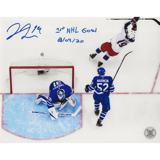 Liam Foudy Autographed Columbus Blue Jackets Aerial View Goal Celebration 8x10 Photo Inscribed "1st NHL Goal 08/09/20"