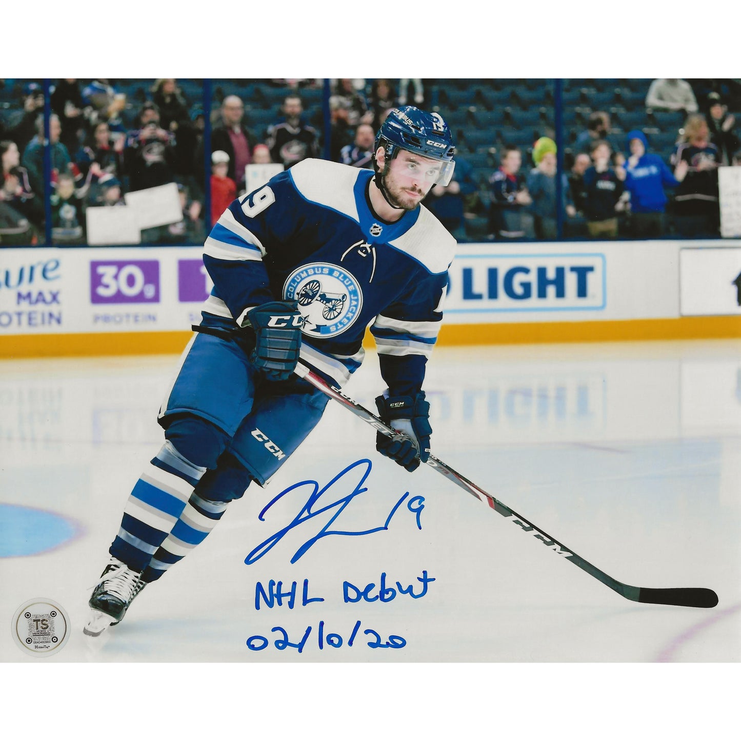 Liam Foudy Autographed Columbus Blue Jackets Warm-Up 8x10 Photo Inscribed "NHL Debut 02/10/20"