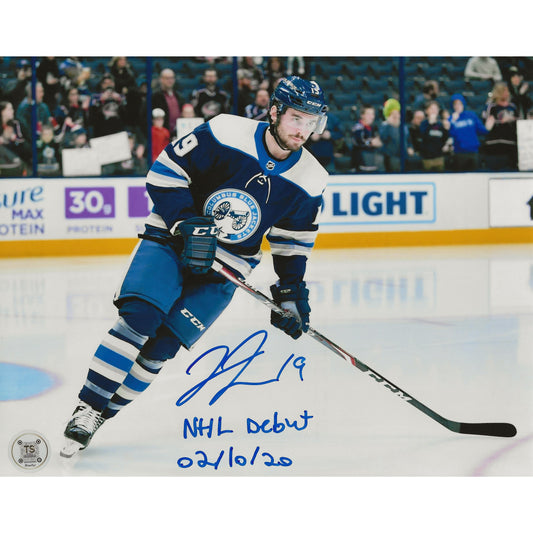 Liam Foudy Autographed Columbus Blue Jackets Warm-Up 8x10 Photo Inscribed "NHL Debut 02/10/20"
