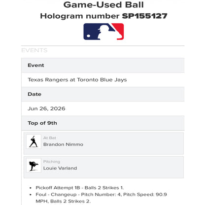 Louis Varland Autographed Game-Used City Connect Rawlings Official Major League Baseball Inscribed "Foul"