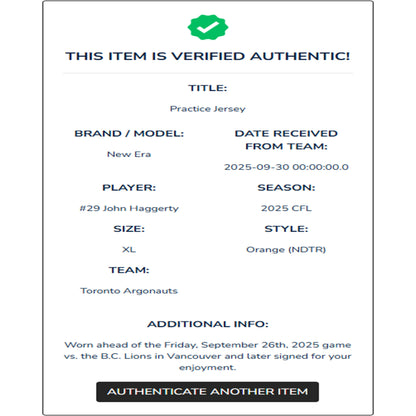 John Haggerty Autographed & Player-Worn Toronto Argonauts Orange Jersey