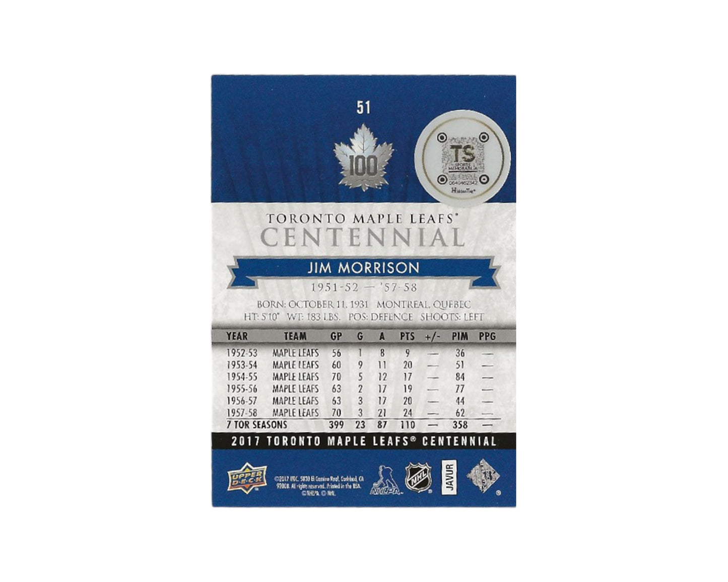 Jim Morrison Autographed 2017 Upper Deck Toronto Maple Leafs Centennial #51 Hockey Card