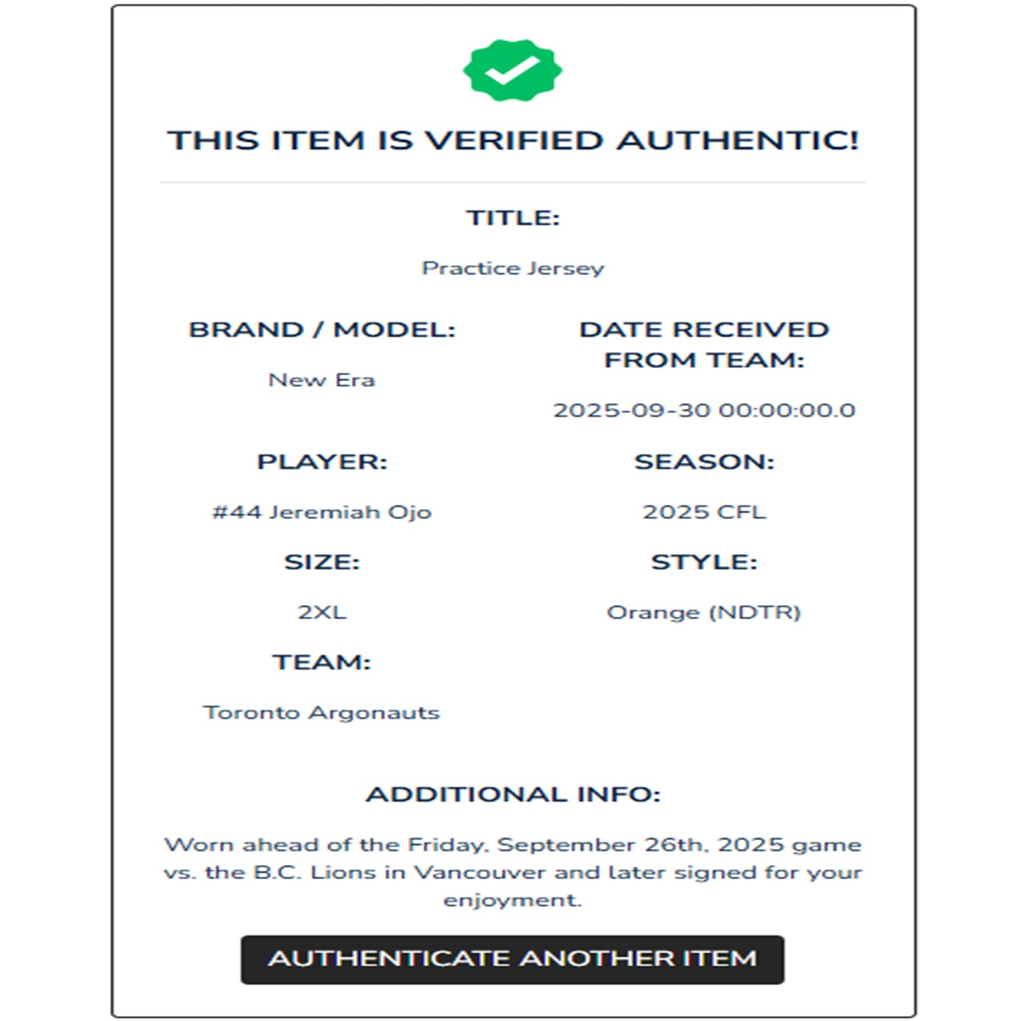 Jeremiah Ojo Autographed & Player-Worn Toronto Argonauts Orange Jersey