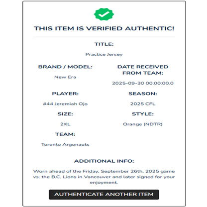 Jeremiah Ojo Autographed & Player-Worn Toronto Argonauts Orange Jersey