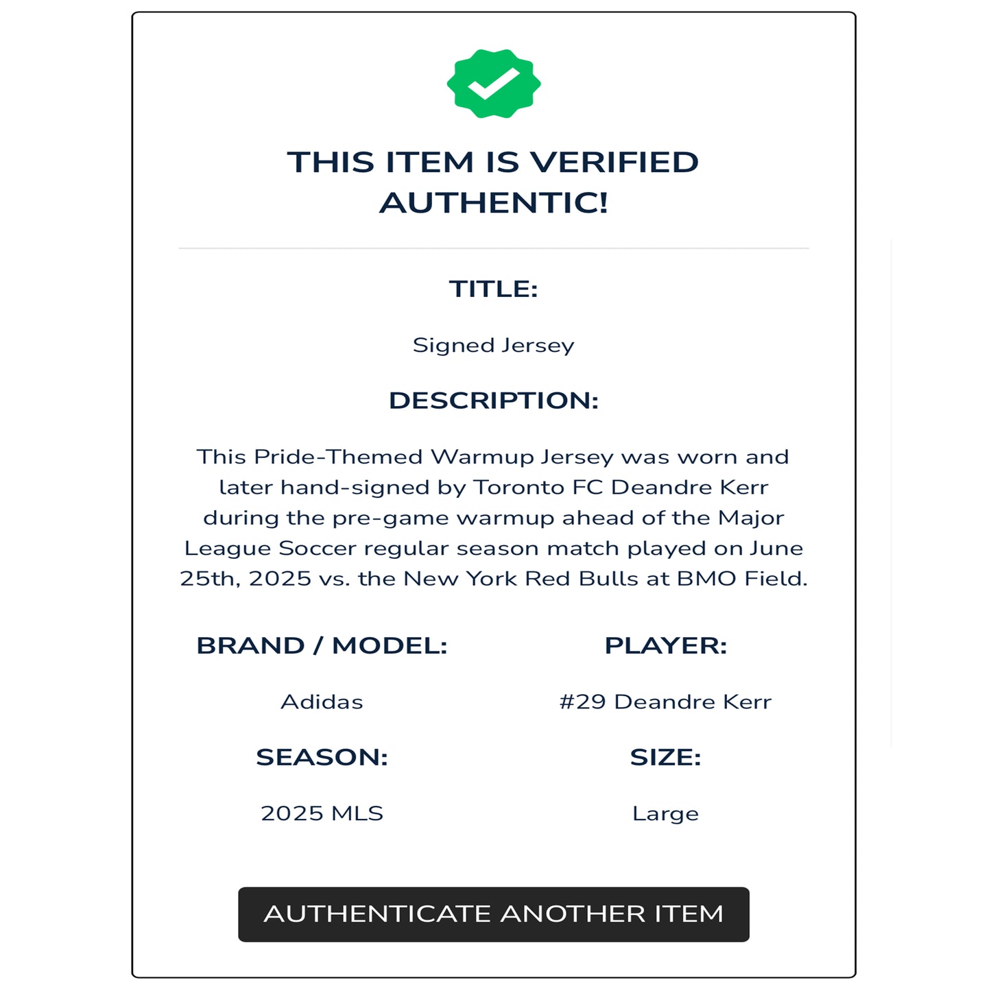 Deandre Kerr Autographed & Player-Worn 2025 Toronto FC Adidas Pride Jersey