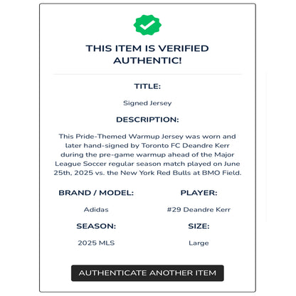 Deandre Kerr Autographed & Player-Worn 2025 Toronto FC Adidas Pride Jersey