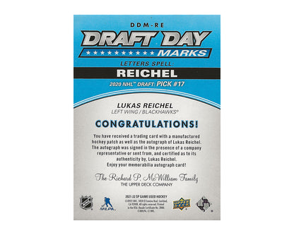 Lukas Reichel 2021-22 Upper Deck SP Game Used Draft Day Marks DDM “H” 1/35 Hockey Card