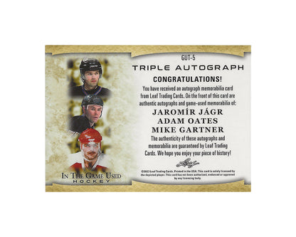 Jaromir Jagr, Adam Oates & Mike Gartner 2023 Leaf In The Game Triple Auto Jersey 2/2 Hockey Card