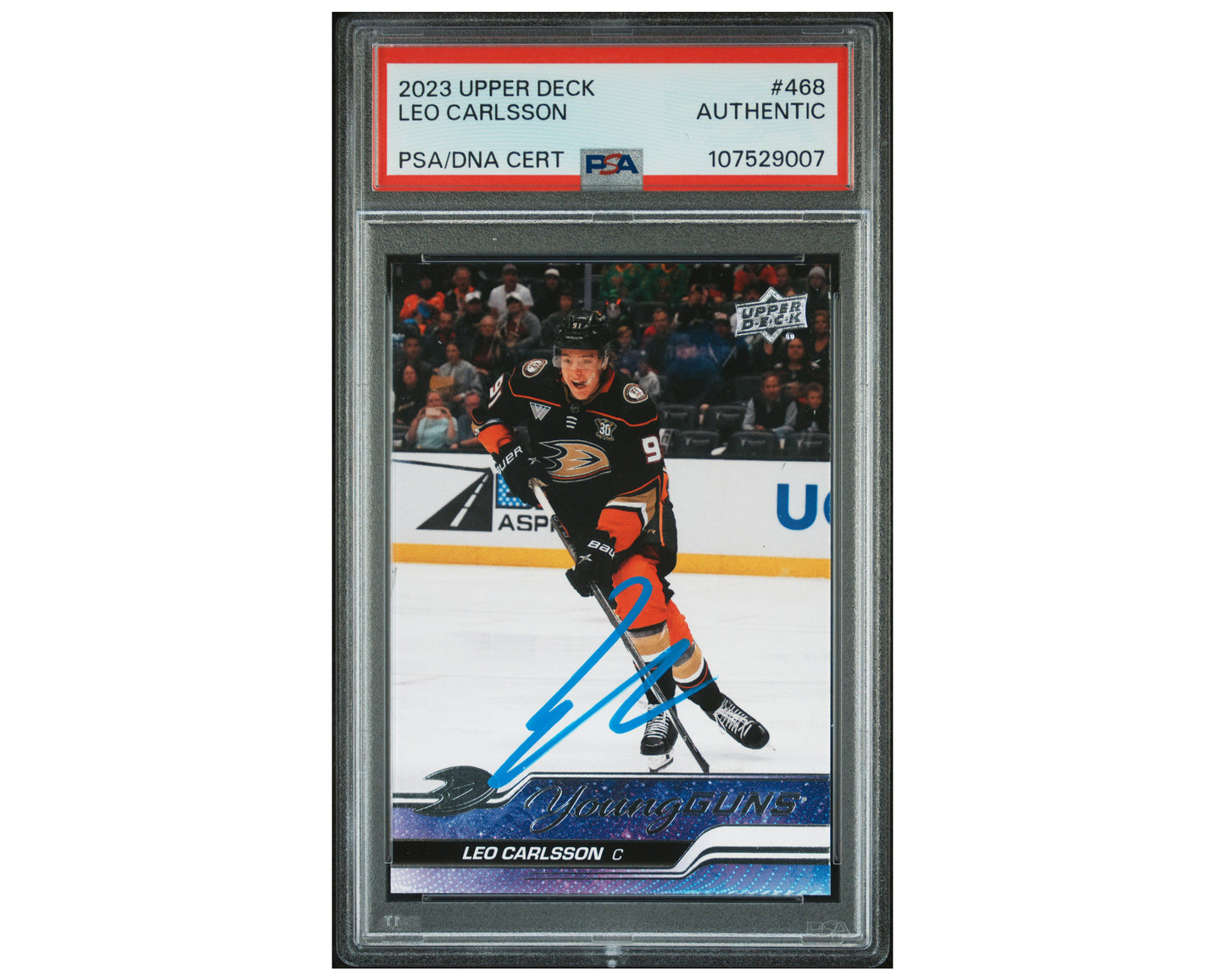 Leo Carlsson Autographed PSA 2023-24 Upper Deck Young Guns #468 Hockey Card