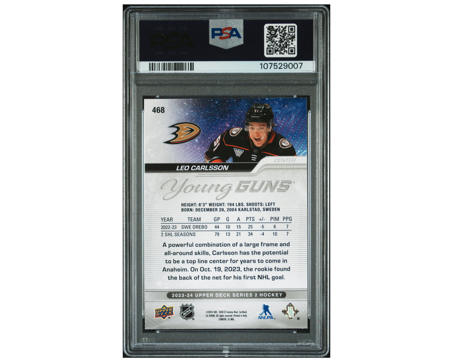 Leo Carlsson Autographed PSA 2023-24 Upper Deck Young Guns #468 Hockey Card