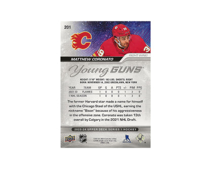 Matt Coronato Autographed 2023-24 Upper Deck Silver Outburst Young Guns #201 Hockey Card