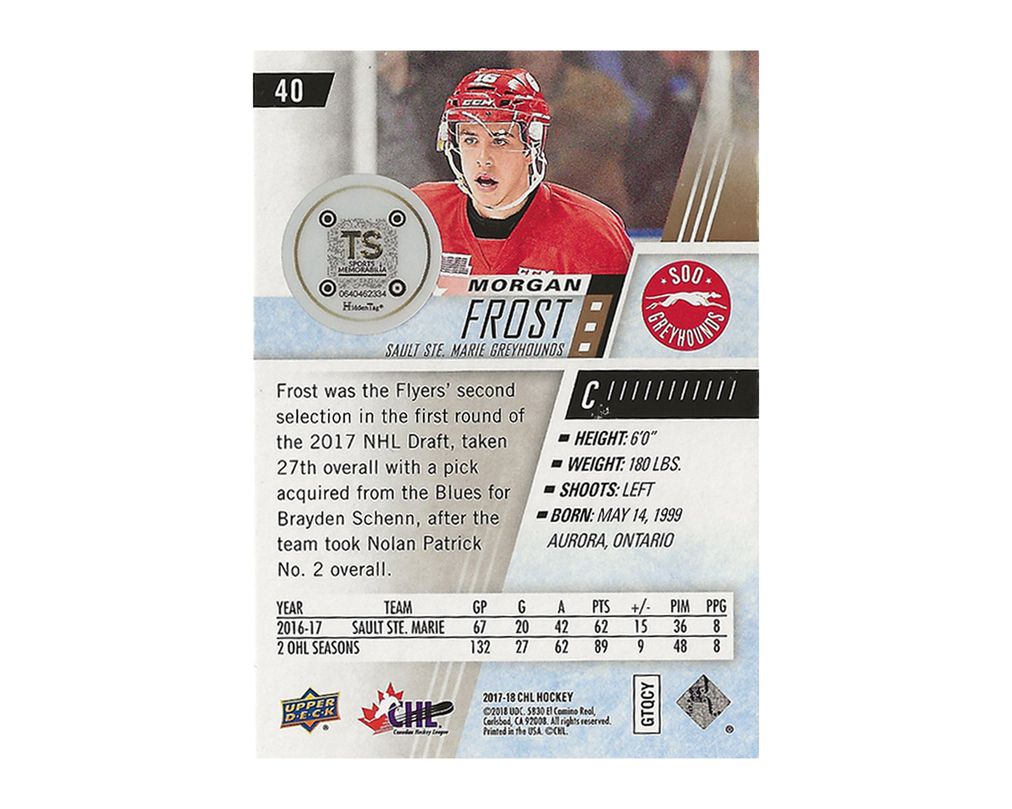 Morgan Frost Autographed 2017-18 Upper Deck CHL #40 Hockey Card