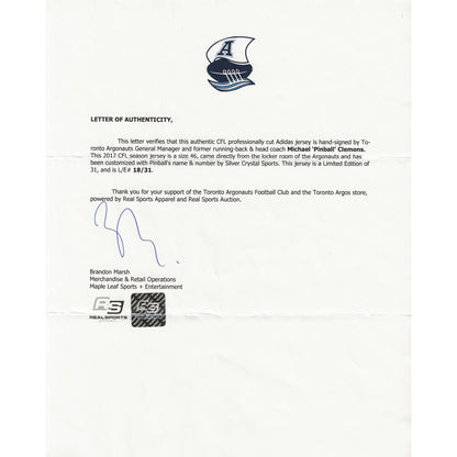 Michael Pinball Clemons Autographed Toronto Argonauts Away White Adidas Pro Jersey LE 18/31