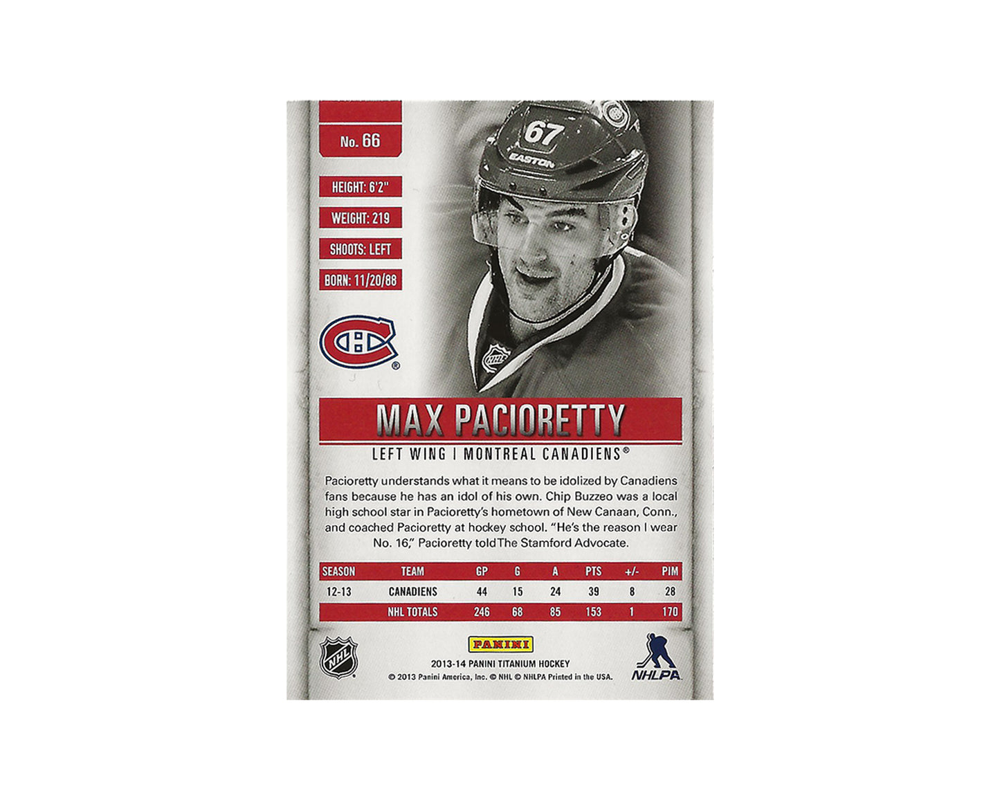Max Pacioretty Autographed 2013-14 Panini Titanium #66 Hockey Card