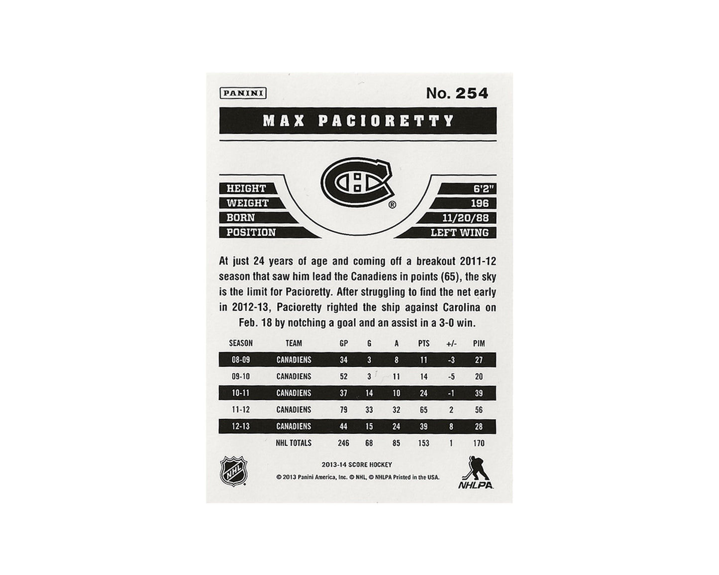 Max Pacioretty Autographed 2013-14 Panini Score #254 Hockey Card