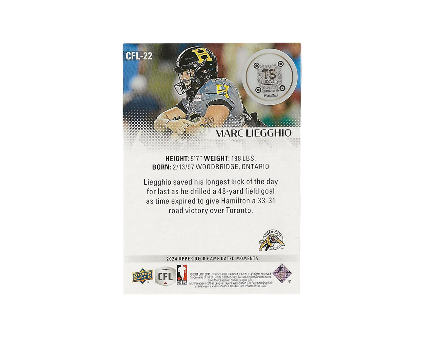 Marc Liegghio Autographed 2024 Upper Deck Game Dated Moments CFL-22 Football Card