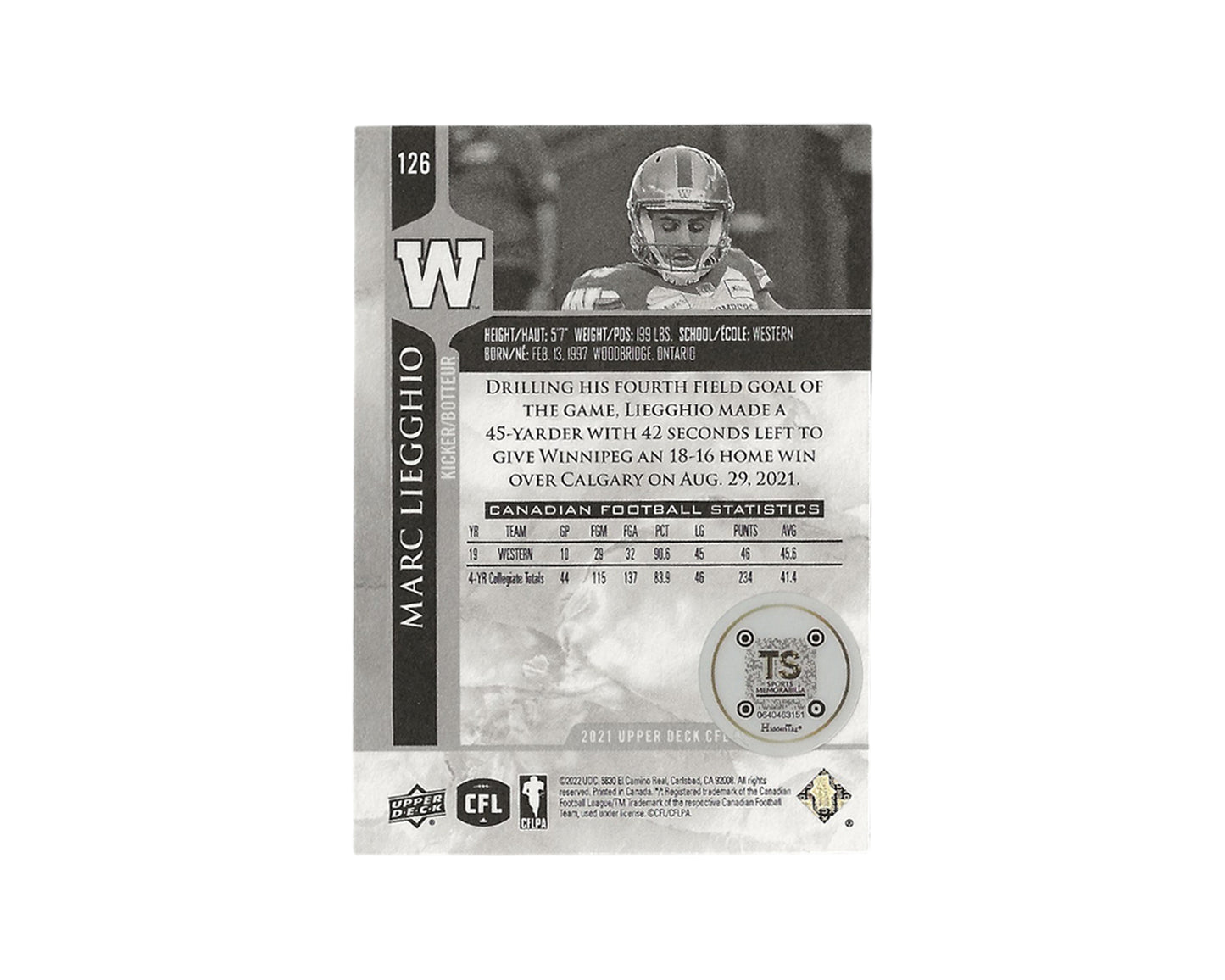 Marc Liegghio Autographed 2021 Upper Deck CFL #126 Football Card