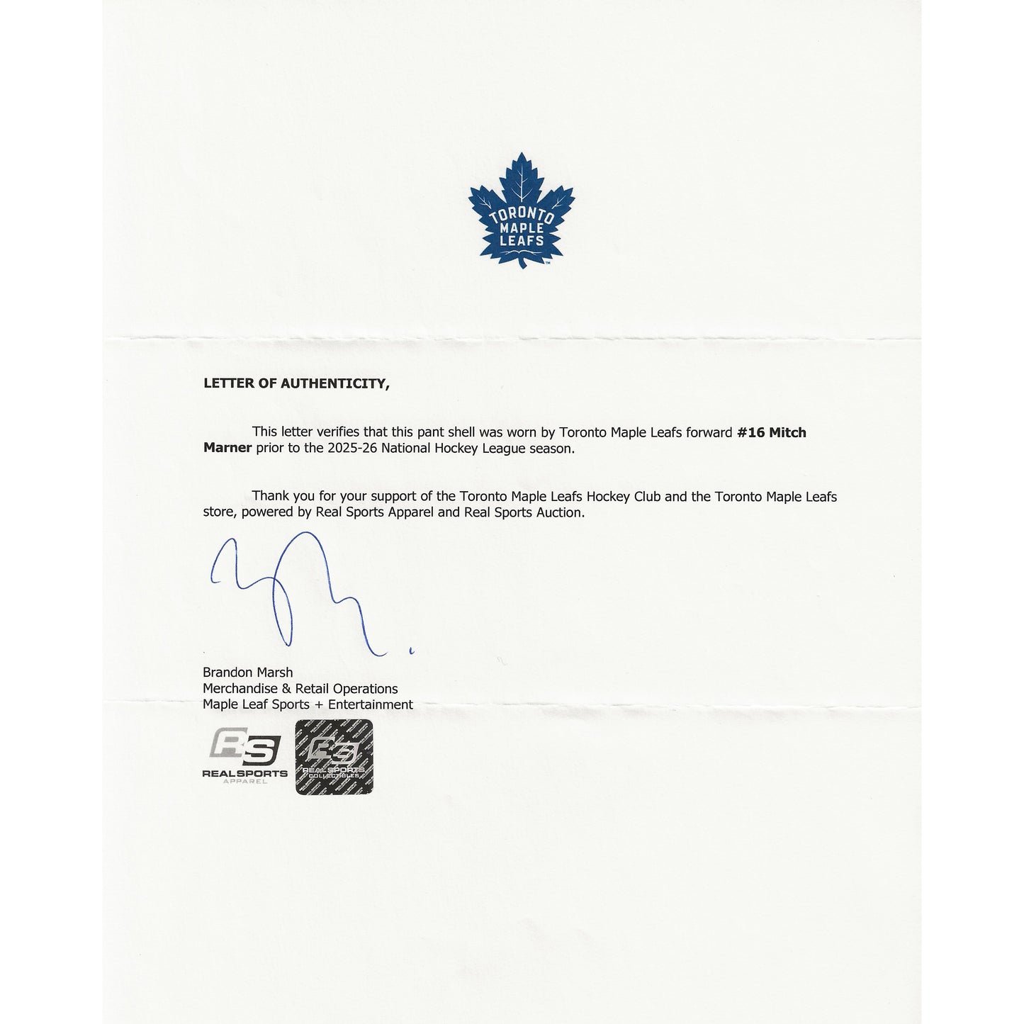 Mitch Marner Game-Used Toronto Maple Leafs Pant Shell