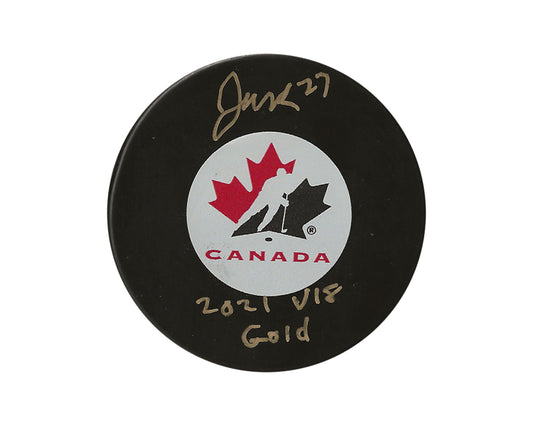 Jack Matier Autographed Team Canada Autograph Model Puck Inscribed "2021 U18 Gold"