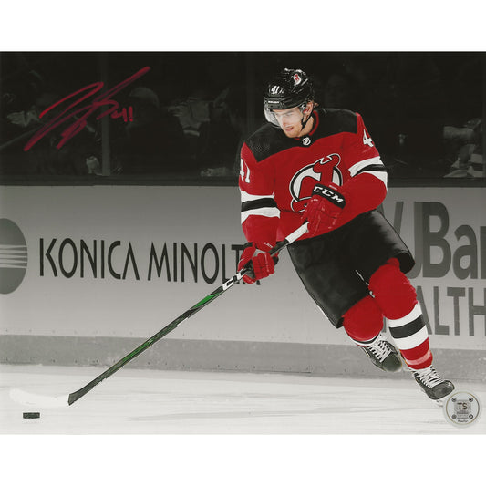 Michael McLeod Autographed New Jersey Devils Spotlight Skating w/ Puck 8x10 Photo