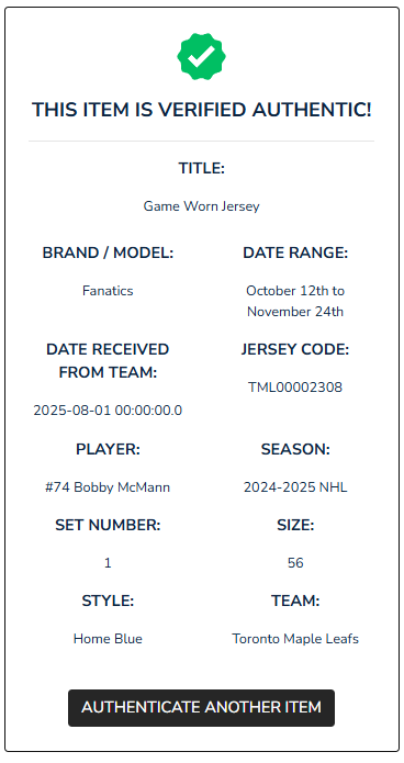 Bobby McMann Game-Used 2024-2025 Toronto Maple Leafs Home Jersey