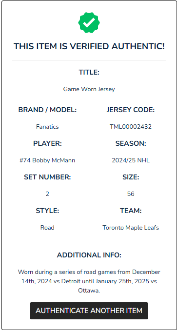 Bobby McMann Game-Used 2024-2025 Toronto Maple Leafs Away Jersey