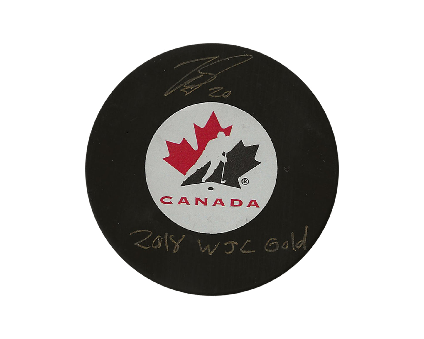 Michael McLeod Autographed Team Canada Autograph Model Puck Inscribed "2018 WJC Gold"