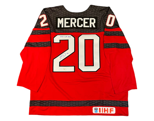 Dawson Mercer Autographed Team Canada Home Red Nike Jersey Inscribed "2020 WJC Gold"