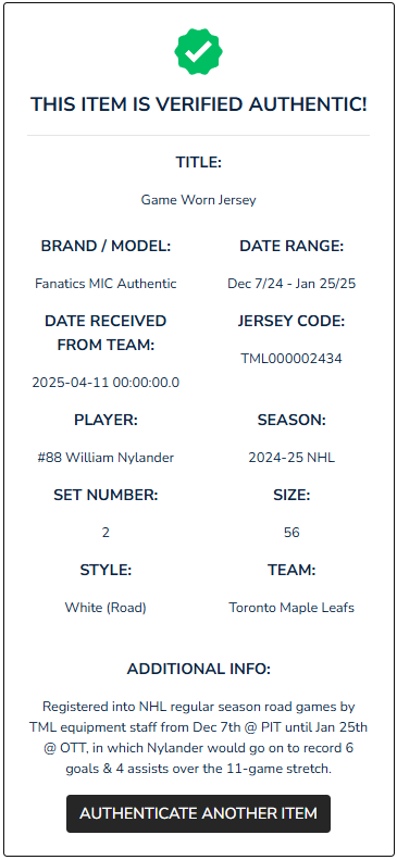 William Nylander Game-Used 2024-2025 Toronto Maple Leafs Away Jersey
