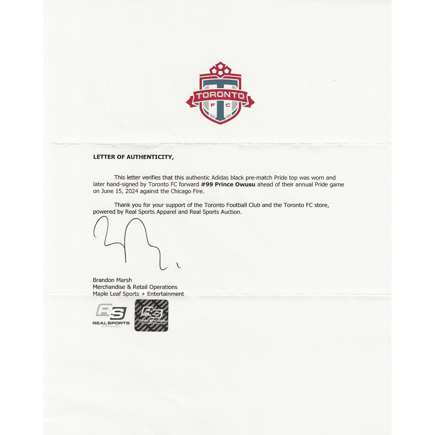 Prince Owusu Autographed & Player-Worn 2024 Toronto FC Adidas Pride Jersey