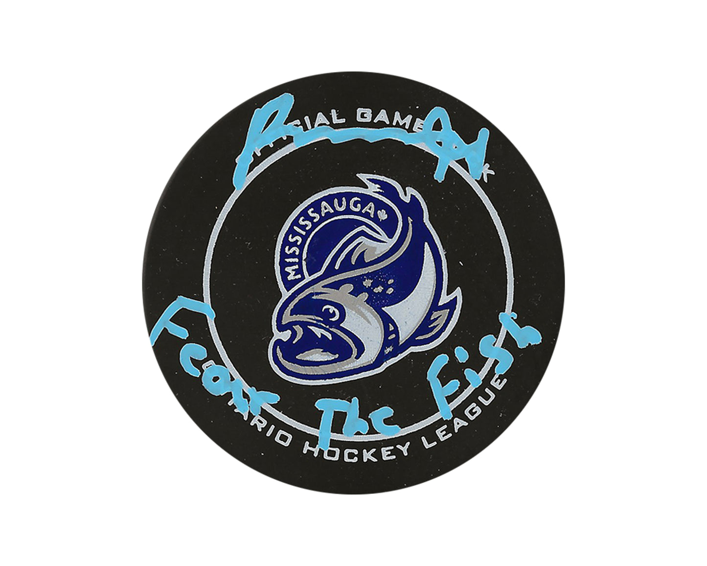 Porter Martone Autographed Mississauga Steelheads Official Game Puck Inscribed "Fear The Fish"