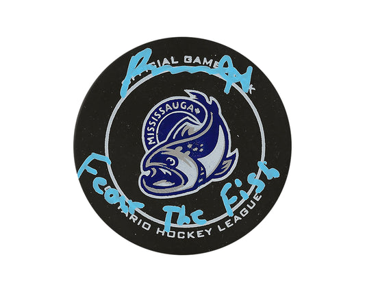Porter Martone Autographed Mississauga Steelheads Official Game Puck Inscribed "Fear The Fish"