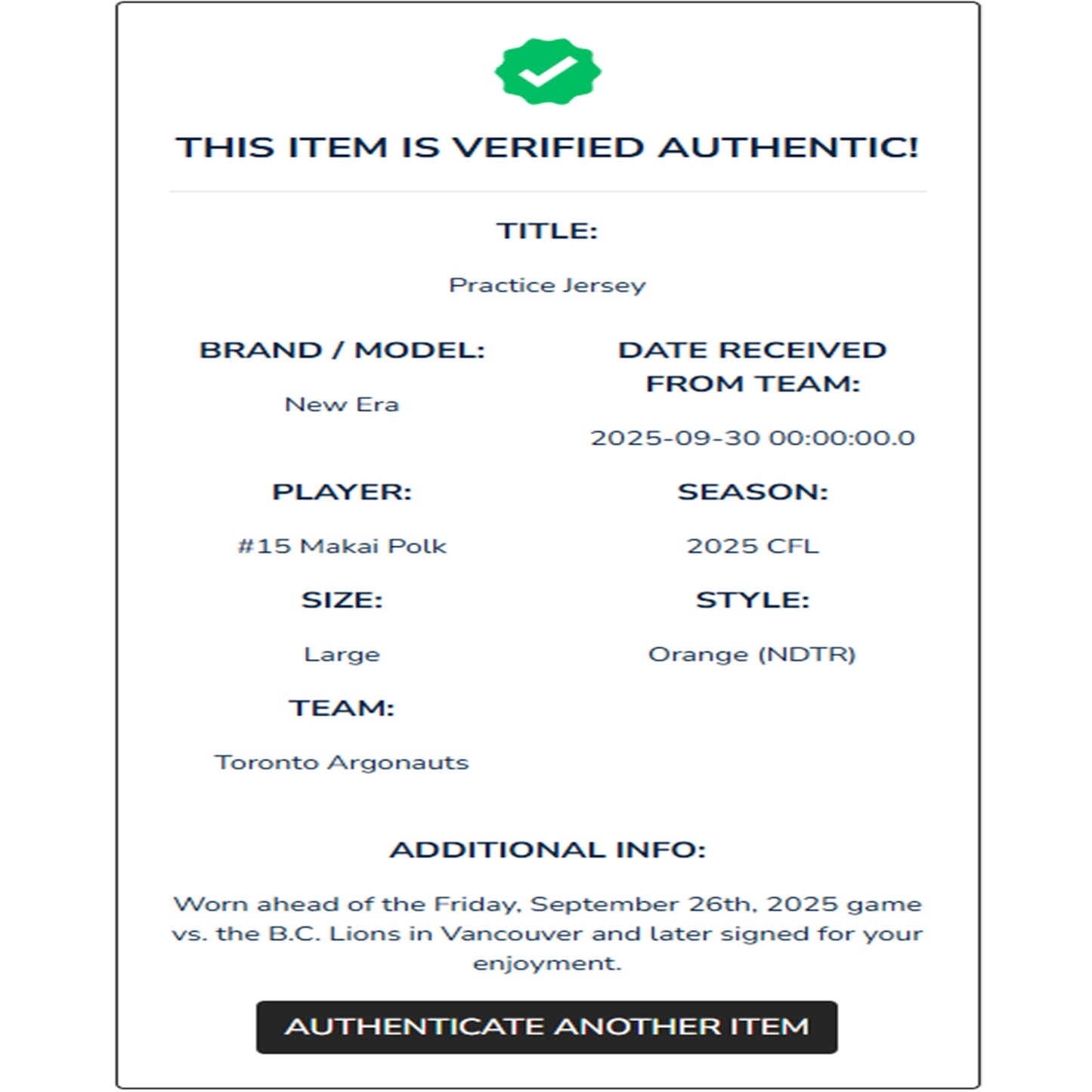 Makai Polk Autographed & Player-Worn Toronto Argonauts Orange Jersey