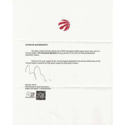 Immanuel Quickley Game-Used Toronto Raptors Nike Association Edition Shorts