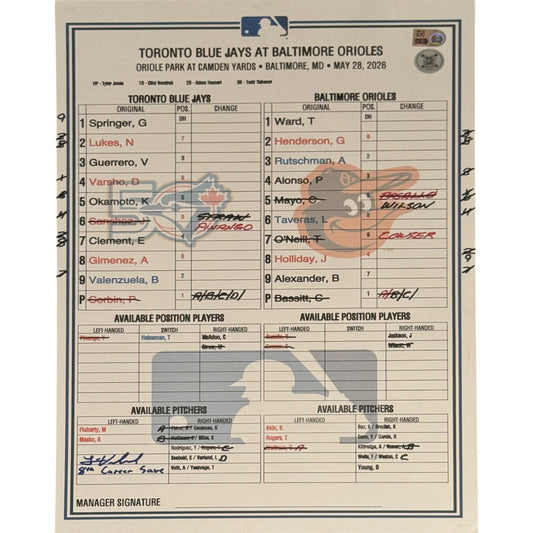 Louis Varland Autographed Game-Used May 28, 2026 Scorecard Ins. 8th Career Save