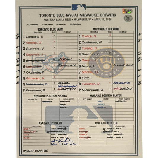 Louis Varland Autographed Game-Used April 14, 2026 Scorecard Inscribed w/ Stats