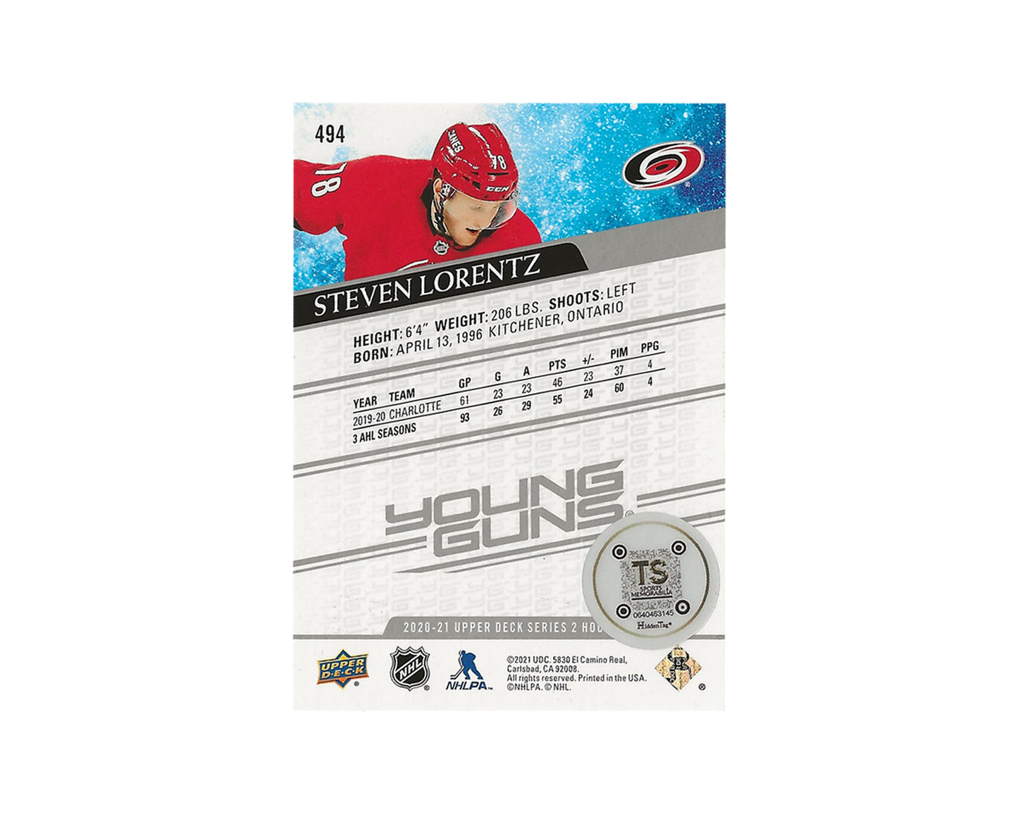 Steven Lorentz Autographed 2020-21 Upper Deck Series 2 Young Guns #494 Hockey Card