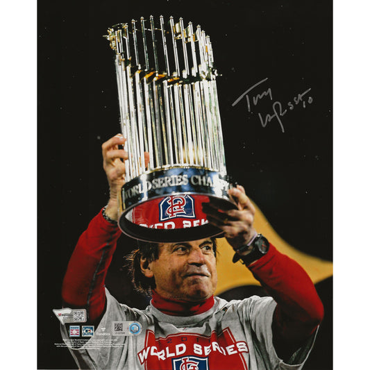 Tony La Russa Autographed St. Louis Cardinals 2011 World Series Lifting the Trophy 8x10 Photo