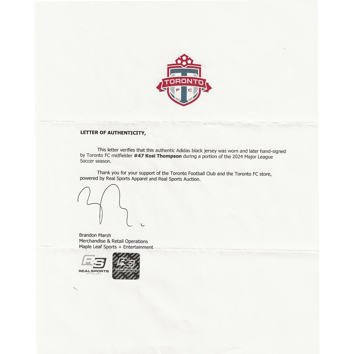 Kosi Thompson Autographed & Game-Used Toronto FC Adidas Black Jersey