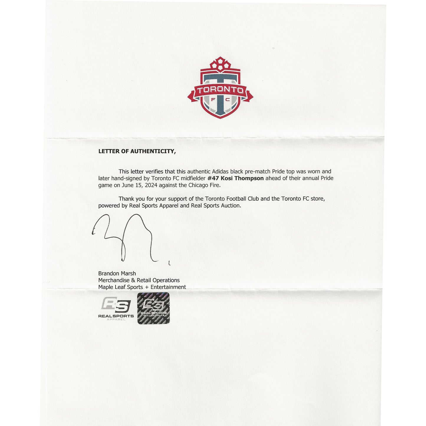 Kosi Thompson Autographed & Player-Worn 2024 Toronto FC Adidas Pride Jersey
