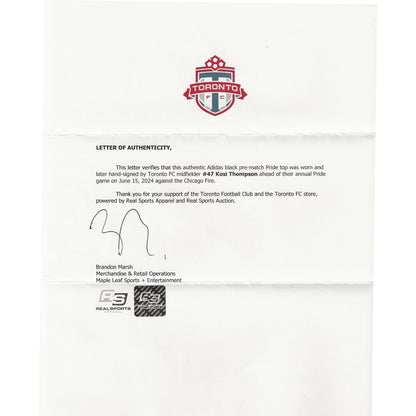 Kosi Thompson Autographed & Player-Worn 2024 Toronto FC Adidas Pride Jersey