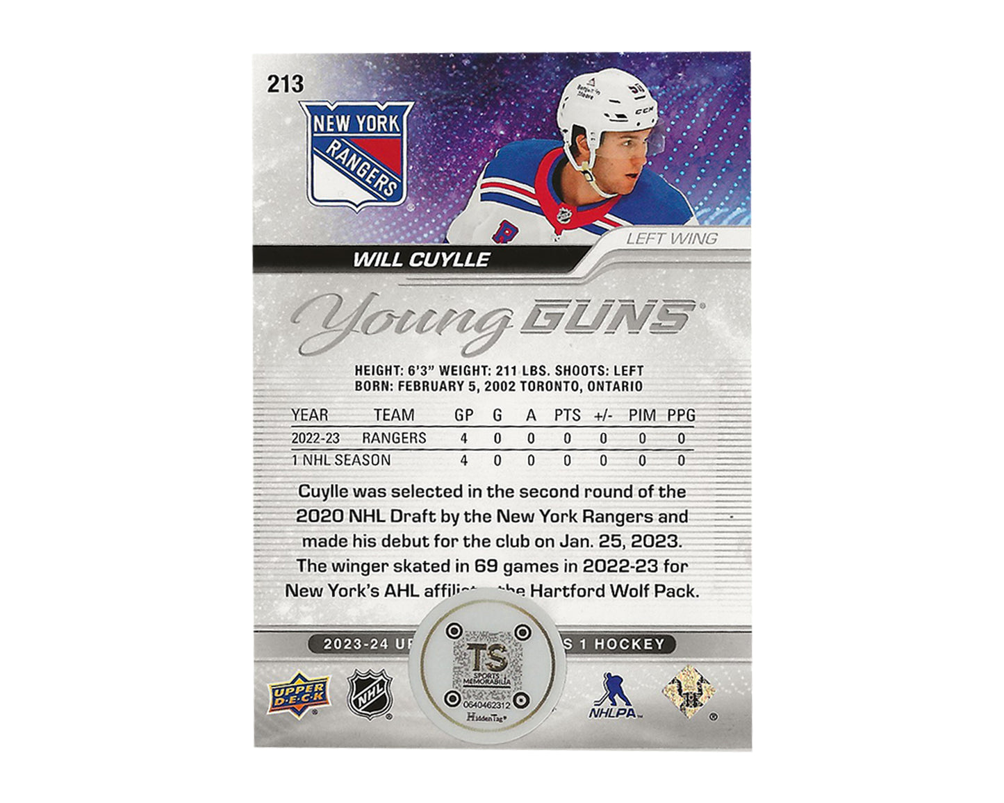 Will Cuylle Autographed 2023-24 Upper Deck Series 1 Young Guns #213 Hockey Card