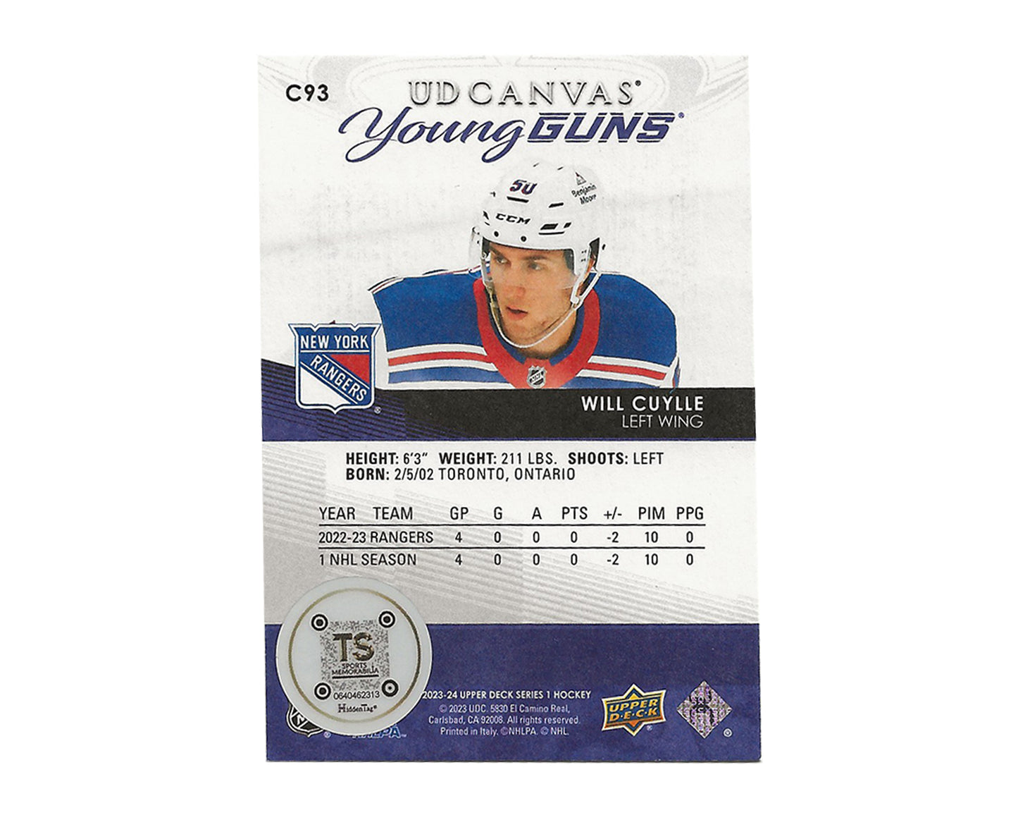 Will Cuylle Autographed 2023-24 Upper Deck Series 1 Young Guns Canvas #C93 Hockey Card