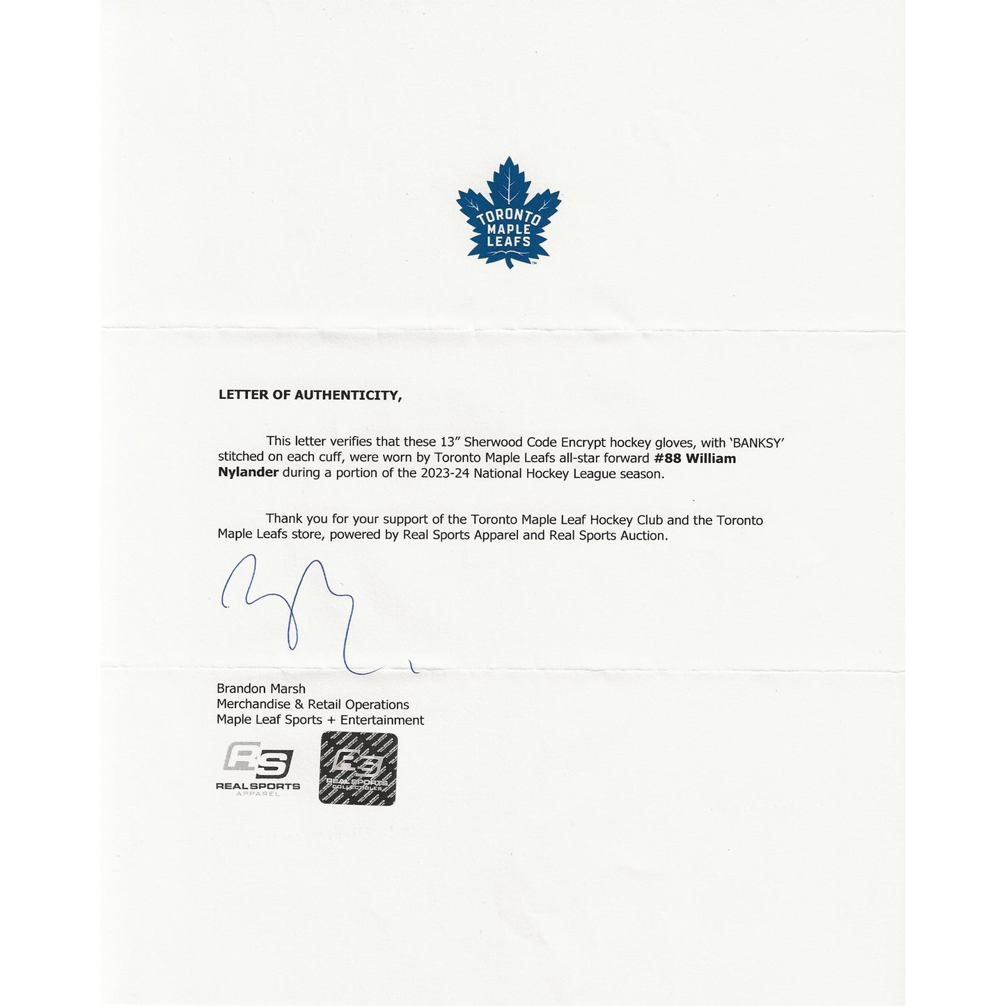 William Nylander Game-Used 2024-25 Sherwood CODE Encrypt Gloves