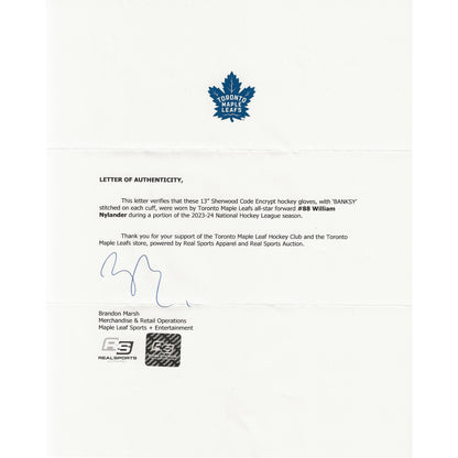 William Nylander Game-Used 2024-25 Sherwood CODE Encrypt Gloves